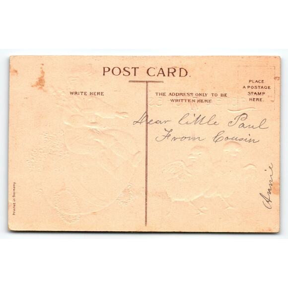 Vintage Easter Fantasy Postcard Child in Egg Cart Buggy with Chicks Embossed - Picture 2 of 2